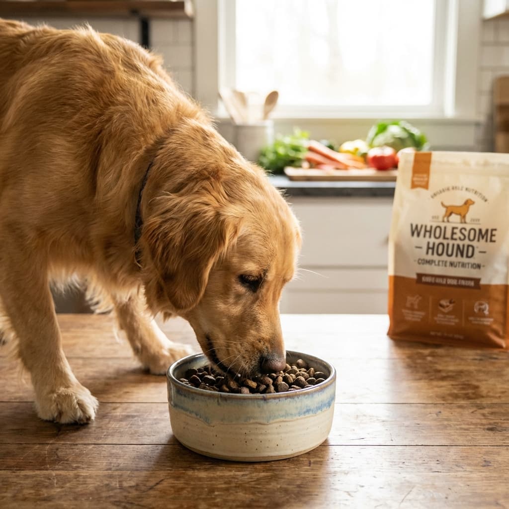 Chien qui mange dans sa gamelle