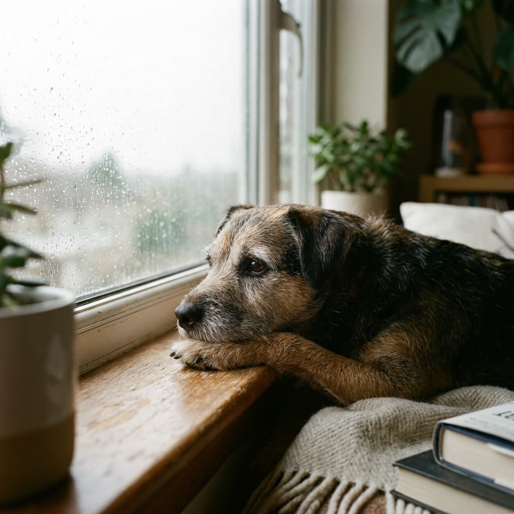 Chien triste qui regarde par la fenêtre
